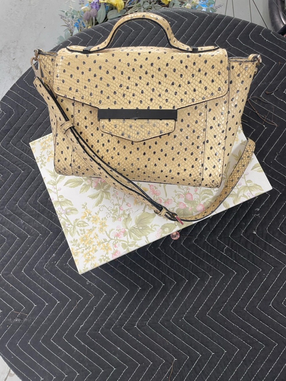 kate spade Beige Ostrich-Texture Top-Handle Satchel with Black Trim